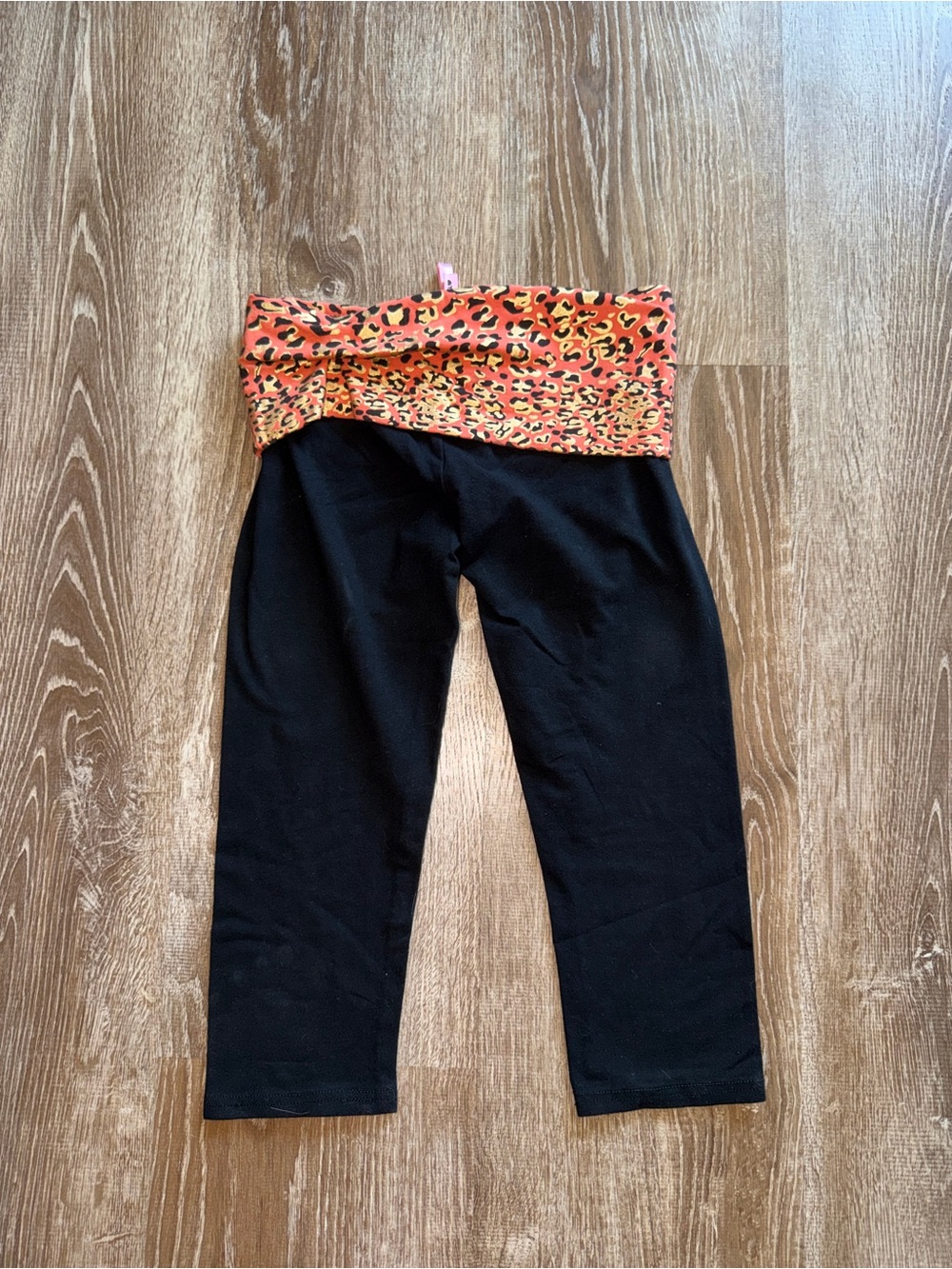 Vintage Y2K  Black Leggings with Orange Leopard Fold-Over Waistband - Picture 2 of 5